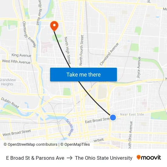 E Broad St & Parsons Ave to The Ohio State University map