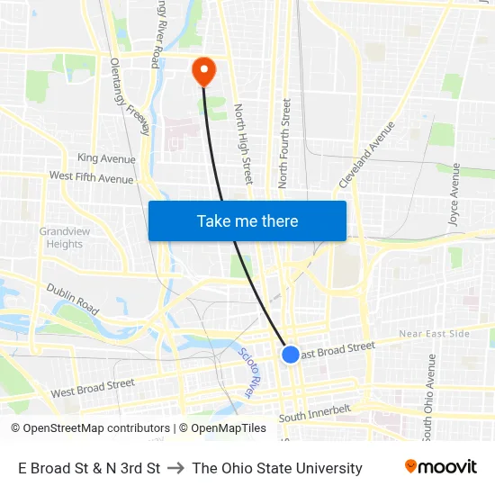 E Broad St & N 3rd St to The Ohio State University map