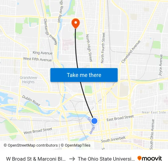 W Broad St & Marconi Blvd to The Ohio State University map