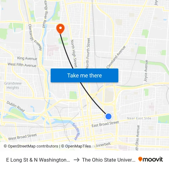 E Long St & N Washington Ave to The Ohio State University map