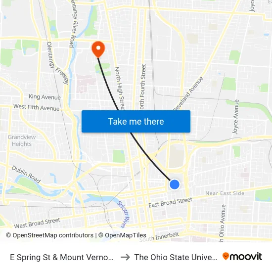 E Spring St & Mount Vernon Ave to The Ohio State University map