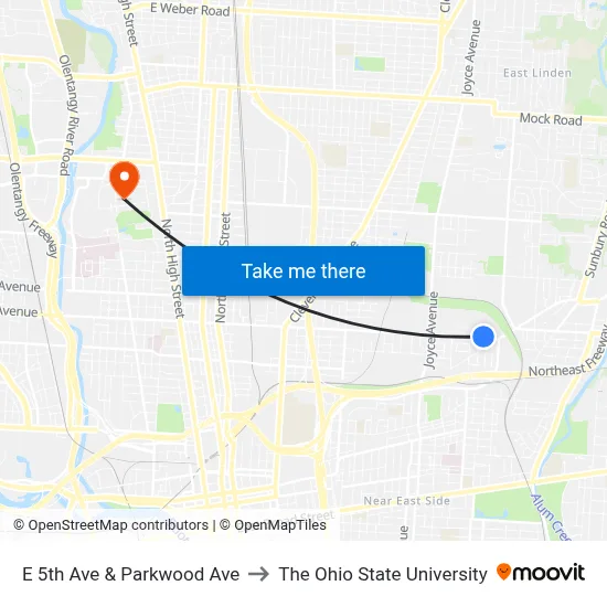 E 5th Ave & Parkwood Ave to The Ohio State University map