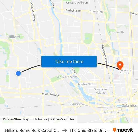 Hilliard Rome Rd & Cabot Cove Dr to The Ohio State University map