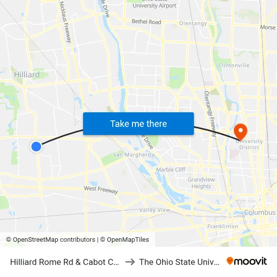 Hilliard Rome Rd & Cabot Cove Dr to The Ohio State University map