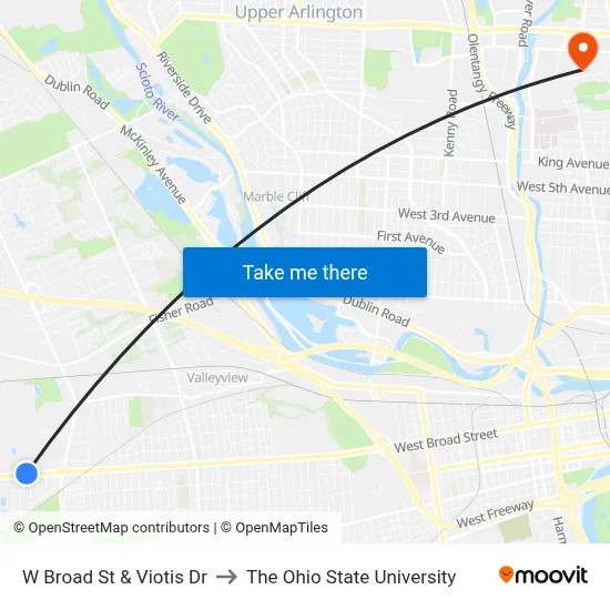 W Broad St & Viotis Dr to The Ohio State University map
