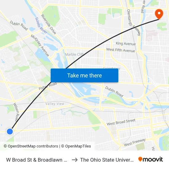 W Broad St & Broadlawn Ave to The Ohio State University map