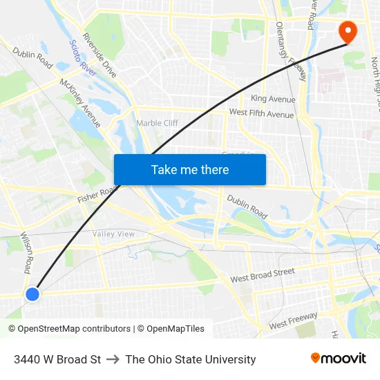 3440 W Broad St to The Ohio State University map