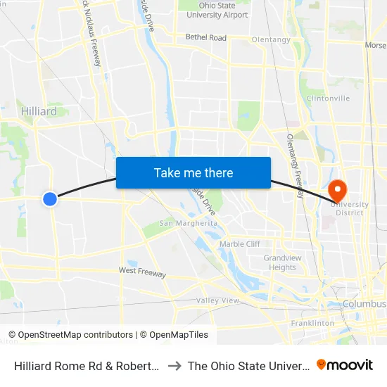 Hilliard Rome Rd & Roberts Rd to The Ohio State University map