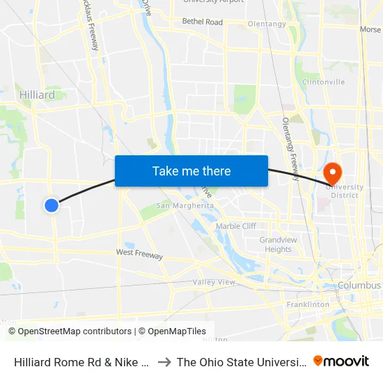 Hilliard Rome Rd & Nike Dr to The Ohio State University map