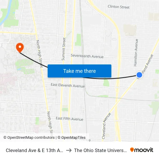 Cleveland Ave & E 13th Ave to The Ohio State University map