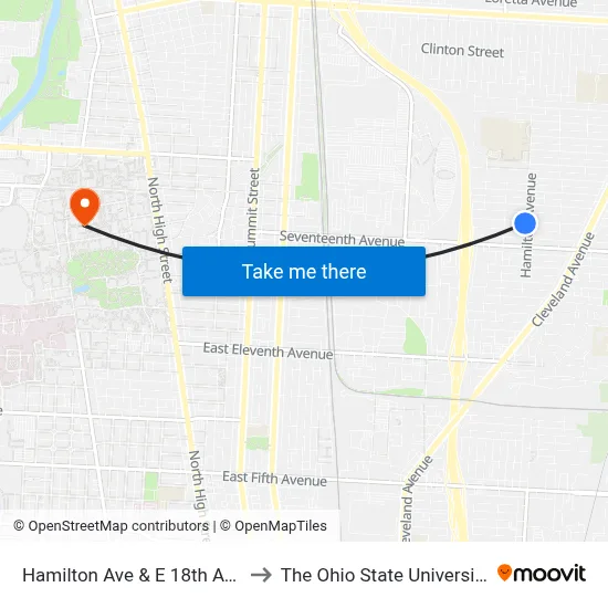 Hamilton Ave & E 18th Ave to The Ohio State University map