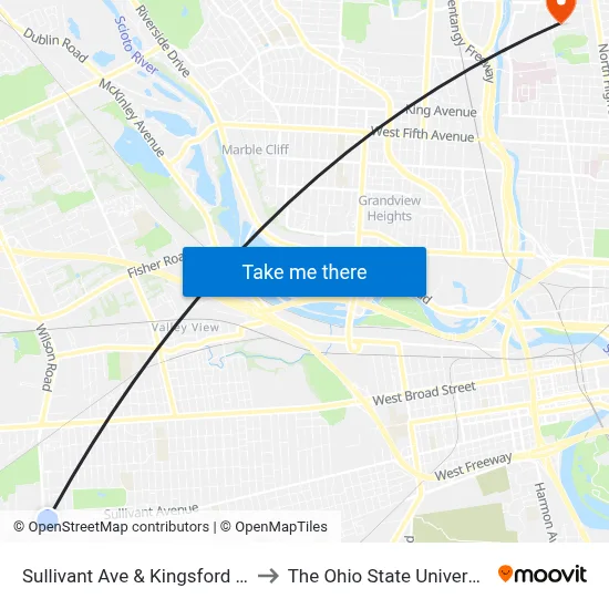 Sullivant Ave & Kingsford Rd to The Ohio State University map