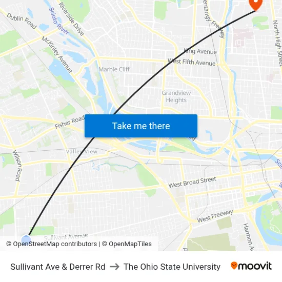 Sullivant Ave & Derrer Rd to The Ohio State University map