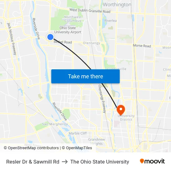 Resler Dr & Sawmill Rd to The Ohio State University map