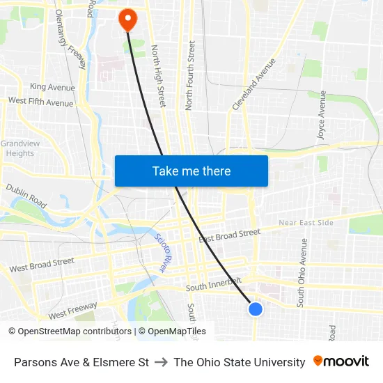 Parsons Ave & Elsmere St to The Ohio State University map