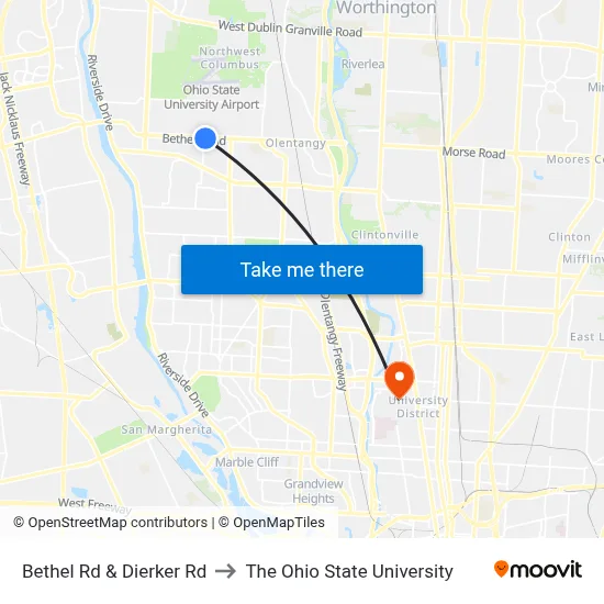 Bethel Rd & Dierker Rd to The Ohio State University map