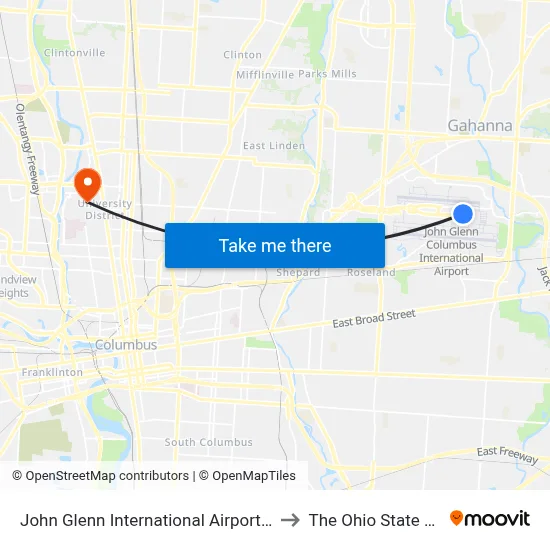 John Glenn International  Airport Baggage Claim to The Ohio State University map