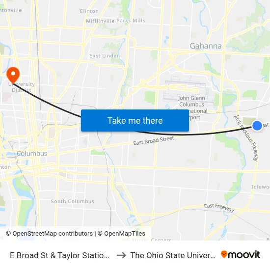 E Broad St & Taylor Station Rd to The Ohio State University map