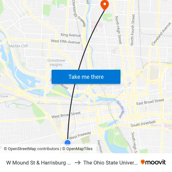 W Mound St & Harrisburg Pike to The Ohio State University map
