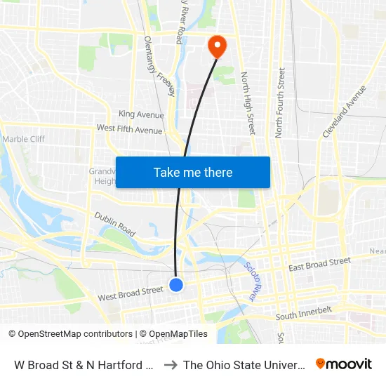 W Broad St & N Hartford Ave to The Ohio State University map