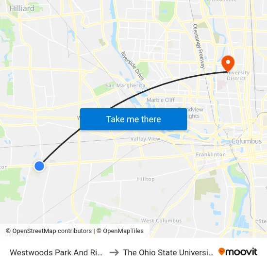 Westwoods Park And Ride to The Ohio State University map