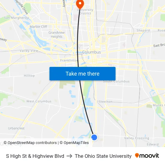 S High St & Highview Blvd to The Ohio State University map