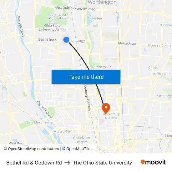 Bethel Rd & Godown Rd to The Ohio State University map