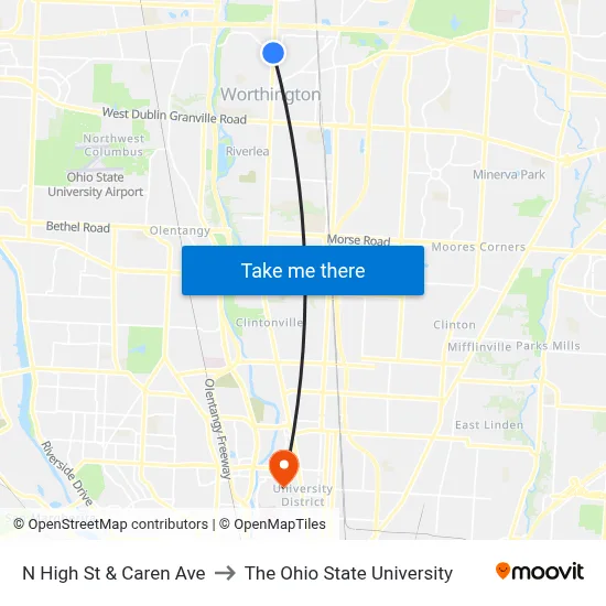 N High St & Caren Ave to The Ohio State University map