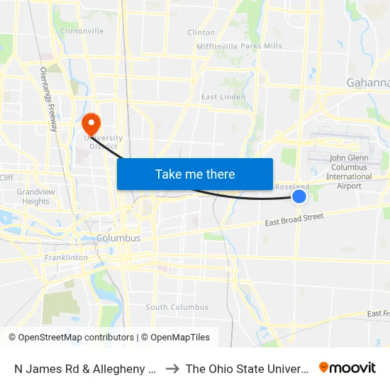 N James Rd & Allegheny Ave to The Ohio State University map
