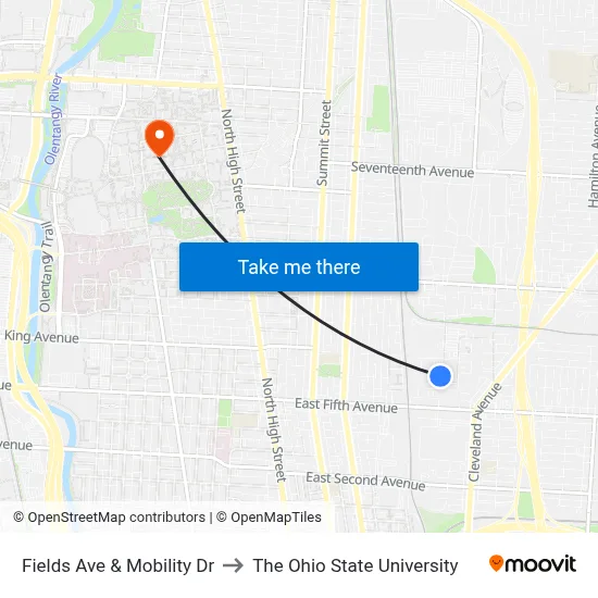 Fields Ave & Mobility Dr to The Ohio State University map
