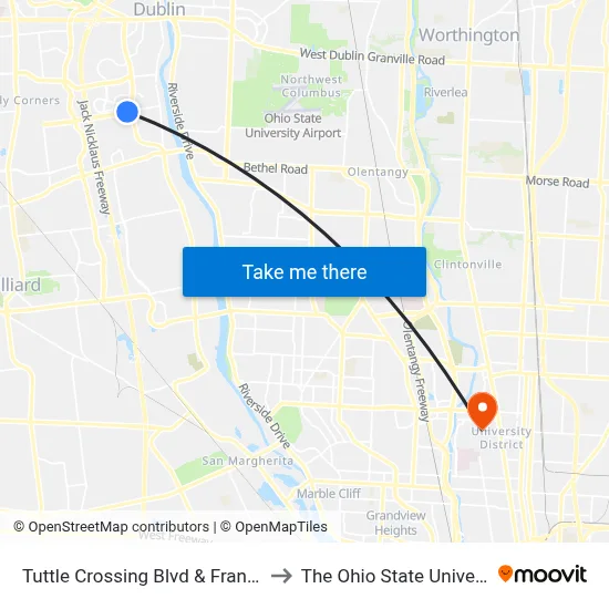 Tuttle Crossing Blvd & Frantz Rd to The Ohio State University map