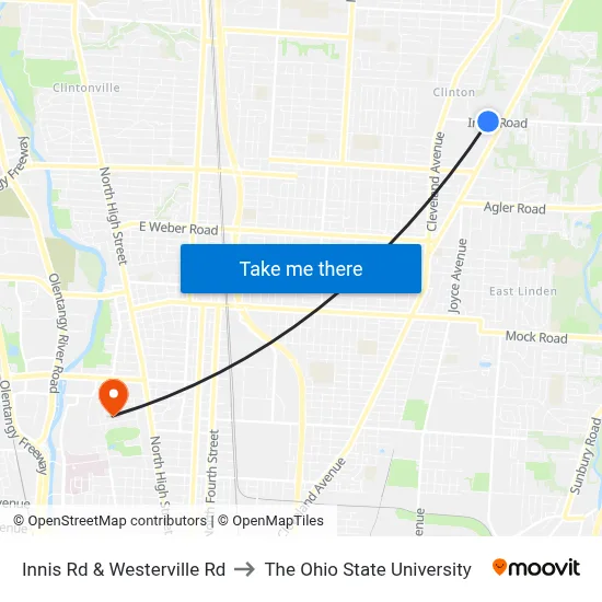 Innis Rd & Westerville Rd to The Ohio State University map