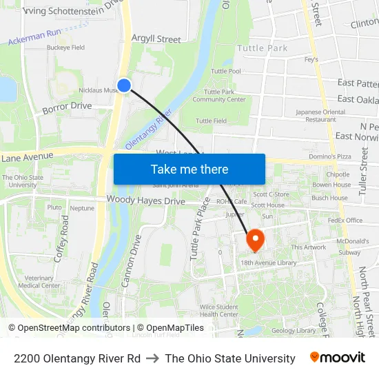 2200 Olentangy River Rd to The Ohio State University map