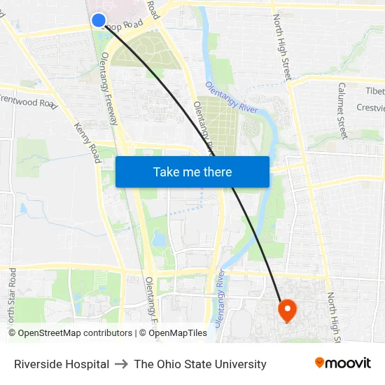 Riverside Hospital to The Ohio State University map