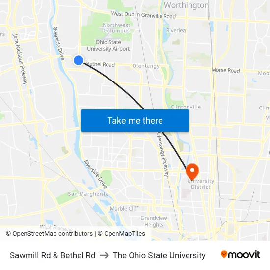 Sawmill Rd & Bethel Rd to The Ohio State University map