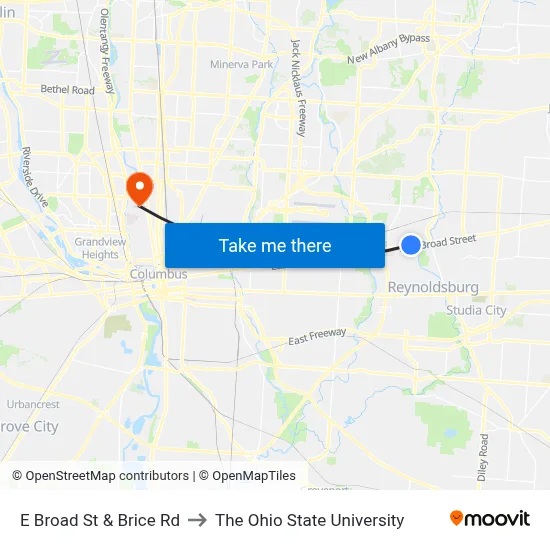 E Broad St & Brice Rd to The Ohio State University map