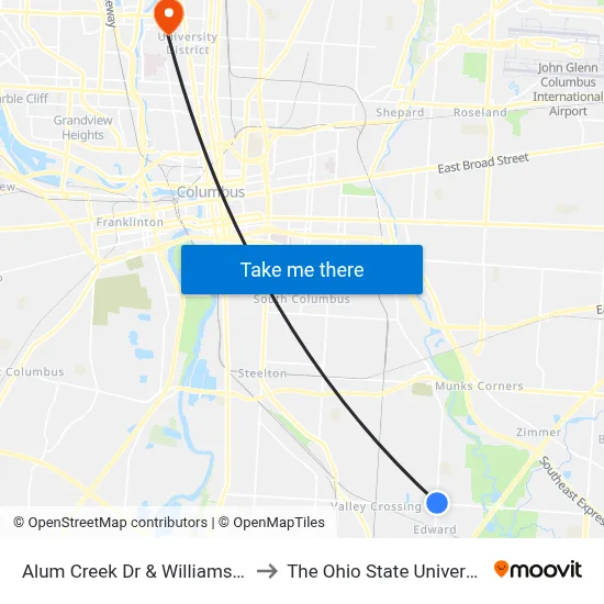 Alum Creek Dr & Williams Rd to The Ohio State University map