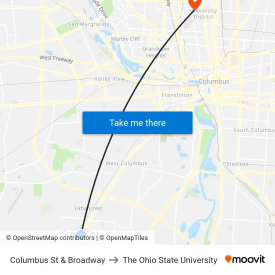 Columbus St & Broadway to The Ohio State University map
