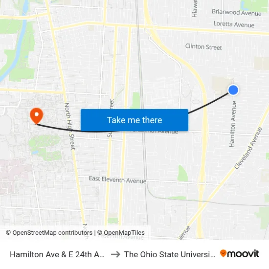 Hamilton Ave & E 24th Ave to The Ohio State University map