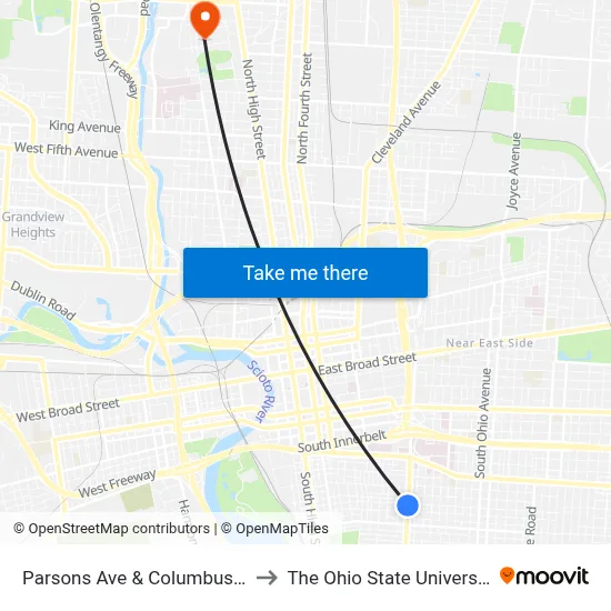 Parsons Ave & Columbus St to The Ohio State University map