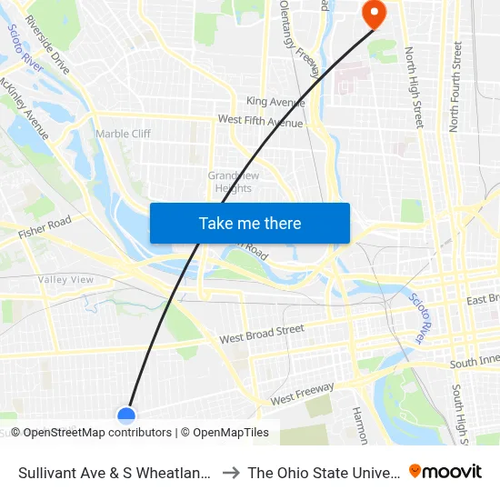 Sullivant Ave & S Wheatland Ave to The Ohio State University map