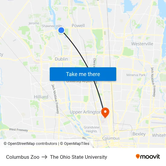 Columbus Zoo to The Ohio State University map