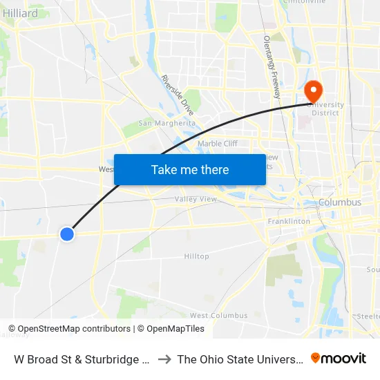 W Broad St & Sturbridge Rd to The Ohio State University map