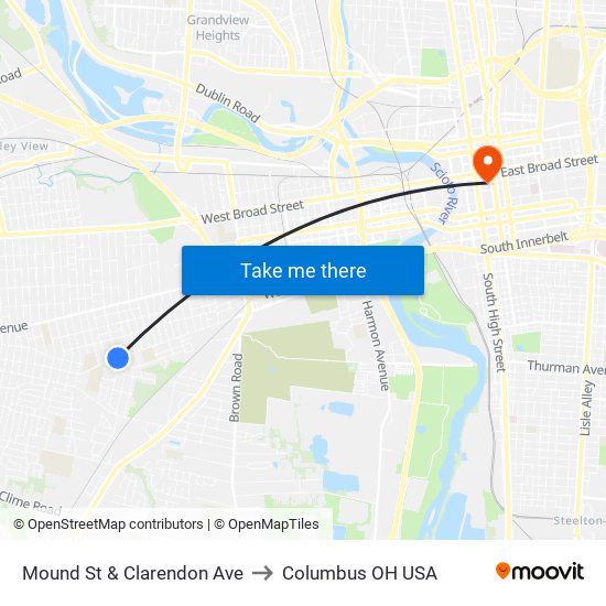 Mound St & Clarendon Ave to Columbus OH USA map