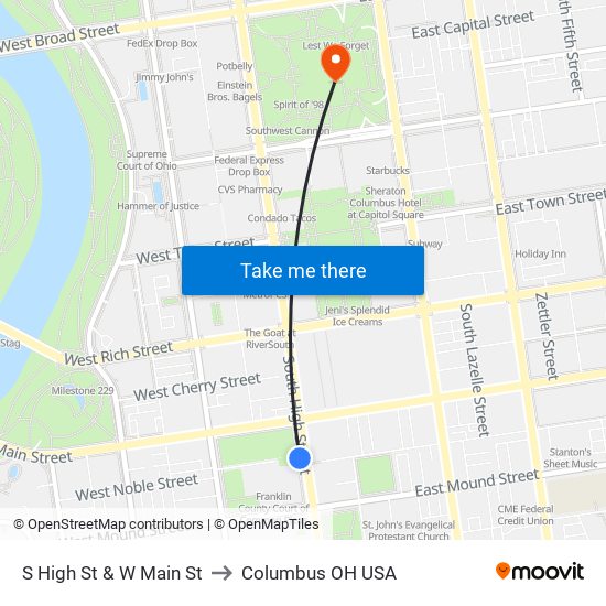 S High St & W Main St to Columbus OH USA map