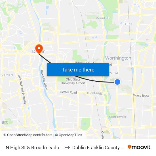 N High St & Broadmeadows Blvd to Dublin Franklin County OH USA map