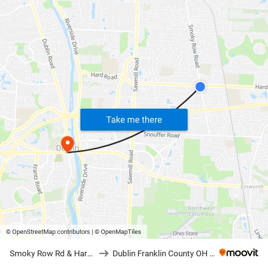 Smoky Row Rd & Hard Rd to Dublin Franklin County OH USA map