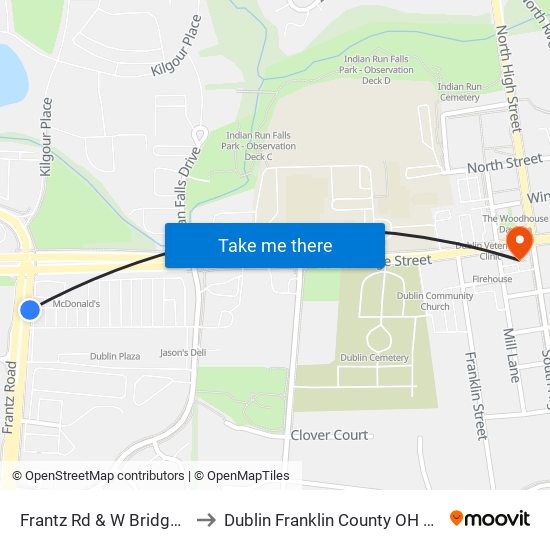 Frantz Rd & W Bridge St to Dublin Franklin County OH USA map