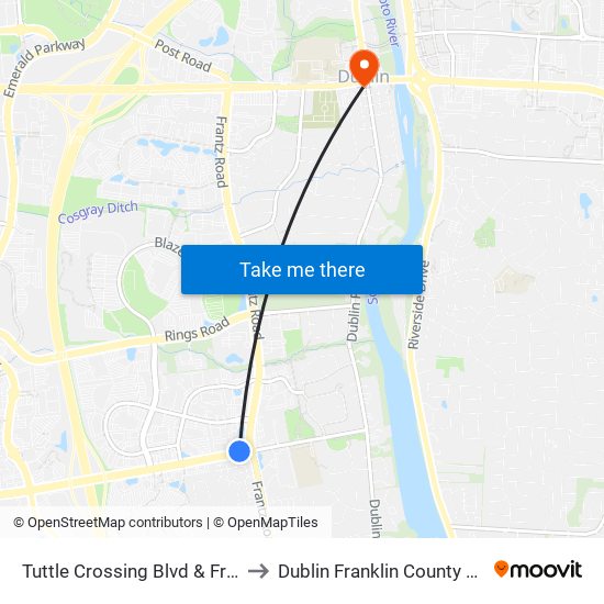 Tuttle Crossing Blvd & Frantz Rd to Dublin Franklin County OH USA map