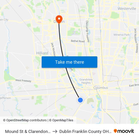 Mound St & Clarendon Ave to Dublin Franklin County OH USA map